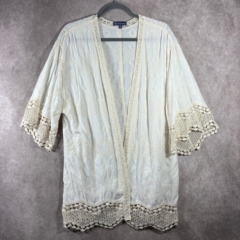 Democracy Kimono Women M Ivory Embroidered Crochet Trim Rayon B38750J1E Boho